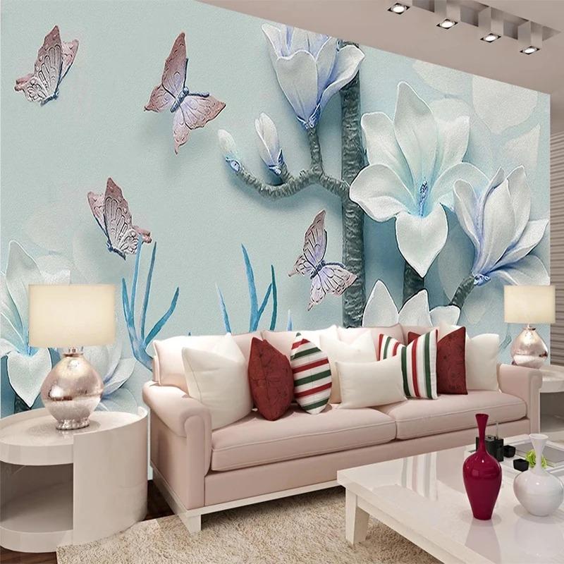 Modern 3d Wallpaper Relief Magnolia Flower Butterfly Mural Living Room Tv Sofa Bedroom Home Decor
