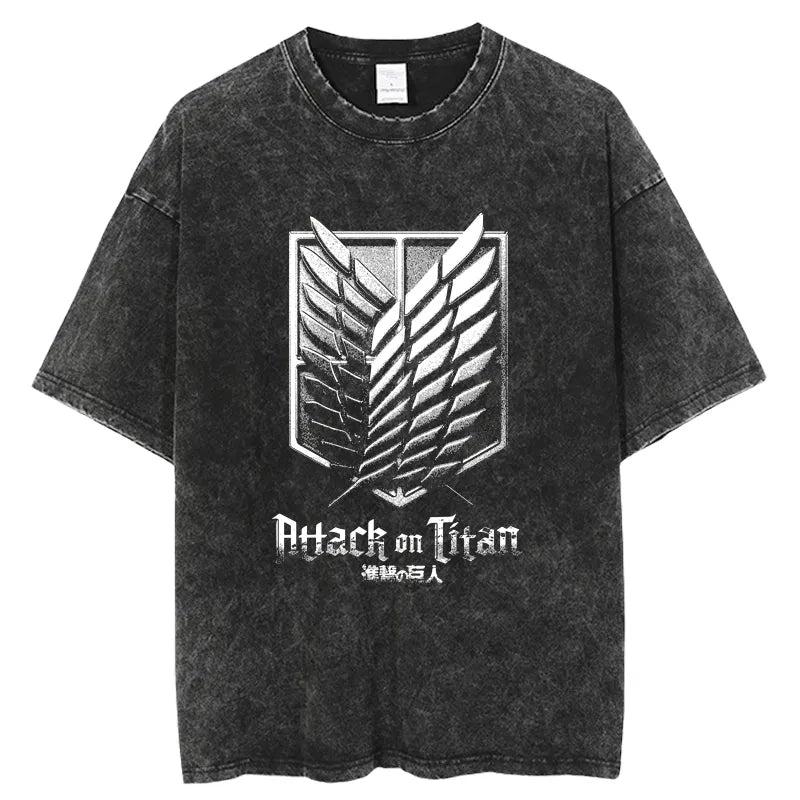 2025 Angriff auf den Titan Anime Joint Offizielles T-Shirt Gewaschen Alt Retro Reine Baumwolle Mode High Street Trend Unisex Y2K Harajuku 4XL black