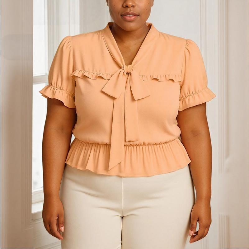 

Женская блузка оверсайз с бантом на шее, с короткими рукавами, оборками и эластичной талией, повседневная S оранжевый
