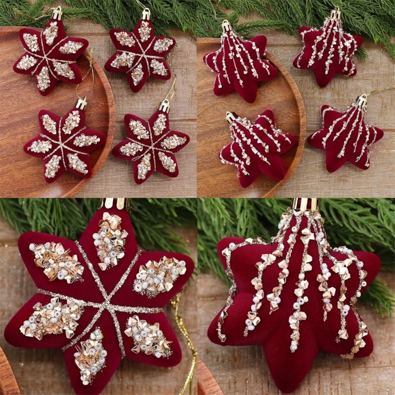 Christmas Tree Baubles Wine-Red Plastic Geometric Ornament with Textured Finish and Hanging Strings for Shop, Hotel