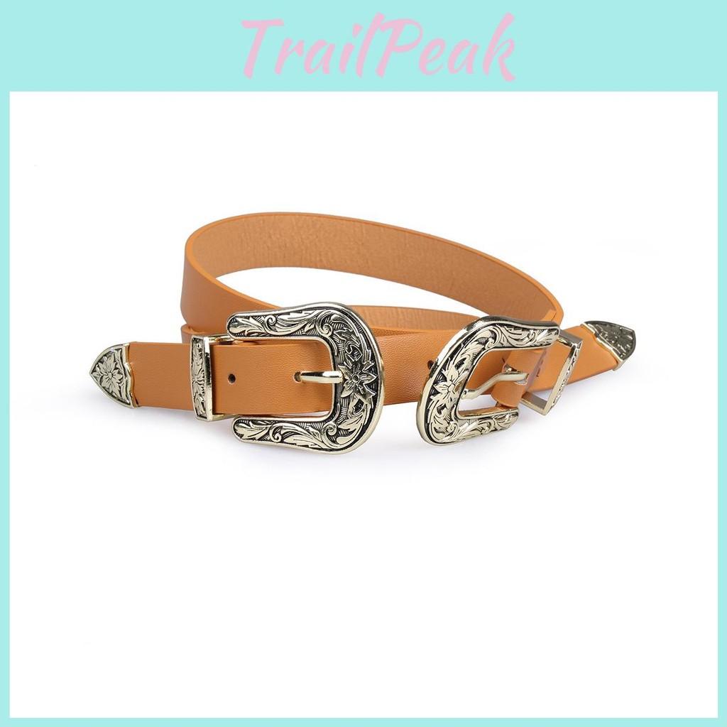 Double Women Button Faux Leather Belt With Floral Decor For Office Wears Casual