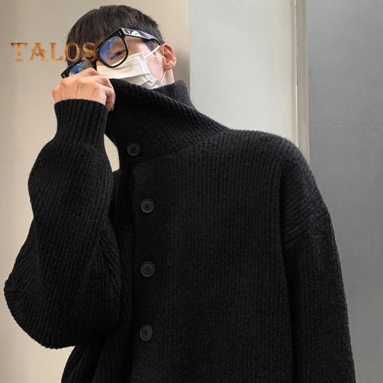 Fall Winter Men Sweater Cardigan High Collar Neck Protection Knit Thick Elastic Long Sleeves Loose Warm Solid Color Knitwear Daily Wear Sweater Coat