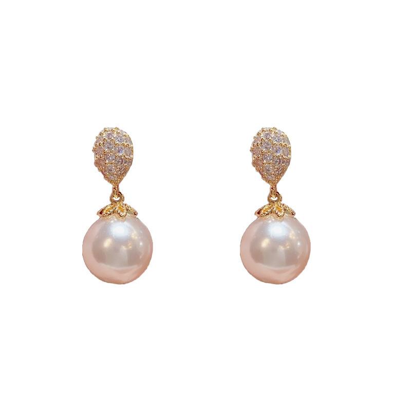

[Fashion Light Luxury] Micro-inlaid zircon water drop pearl stud earrings, s silver needle women