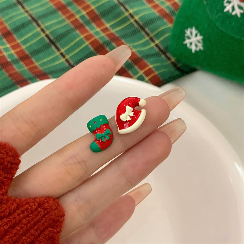 New Fashion Christmas Stud Earring For Women Santa Claus Pearl Zircon Snowflake Elk Sock Hat Asymmetric Earring Festival Jewelry