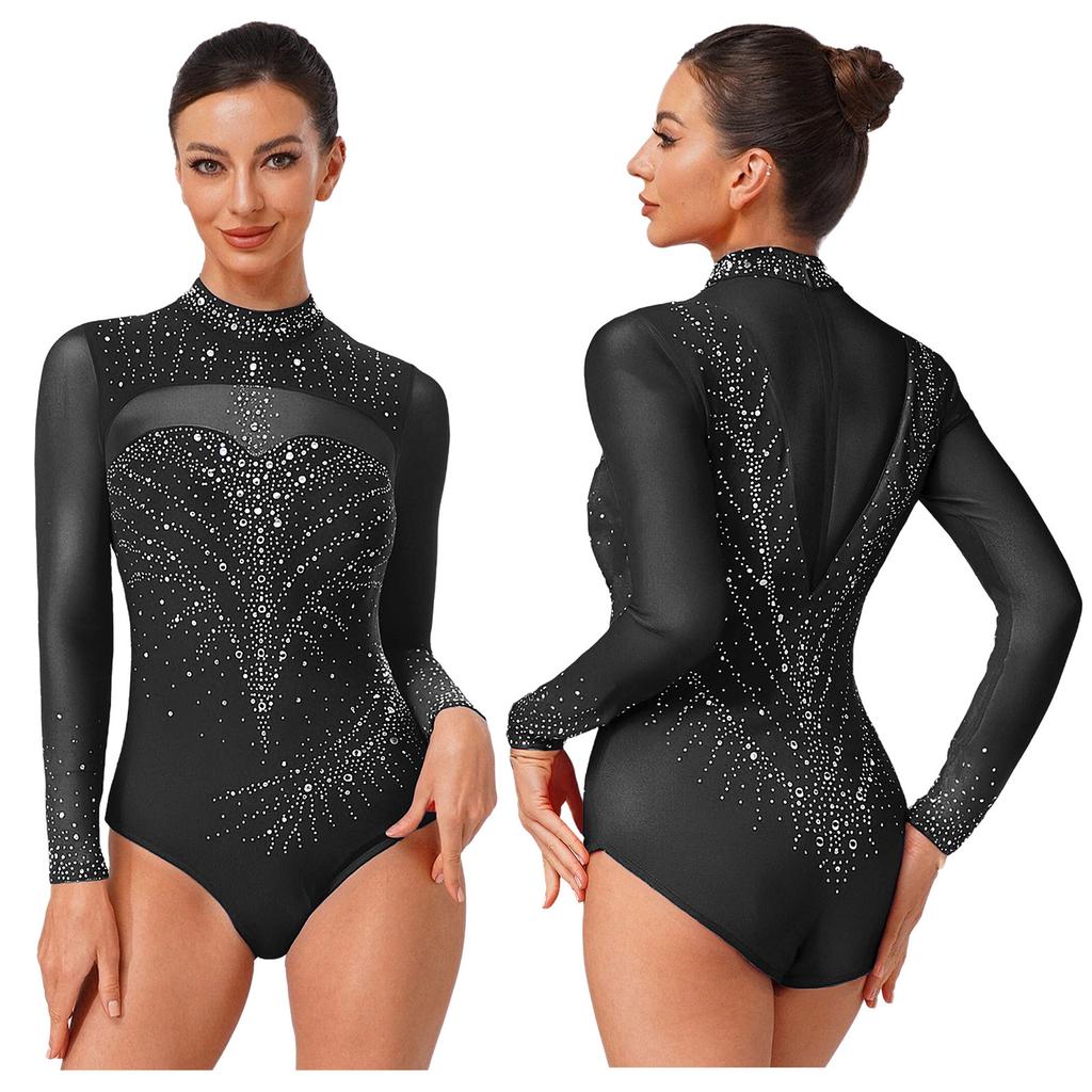 Damen Eiskunstlauf Turnanzug Jumpsuit Langarm Strass Gymnastik Künstlerisch Ballett Jersey Body Wettkampf Tanzbekleidung