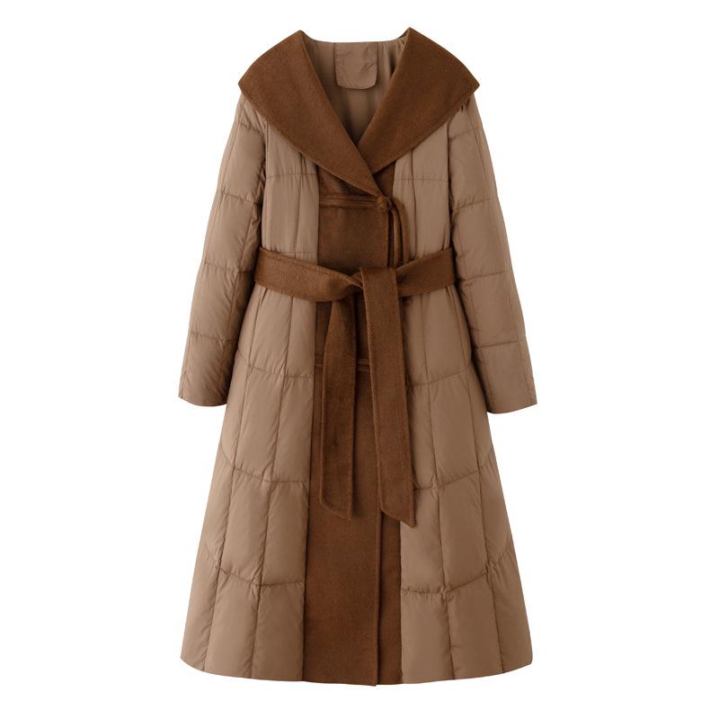Extra Long Over-the-Knee Down and Wool Coat with Belt and Large Lapel for Autumn & Winter YJ1393