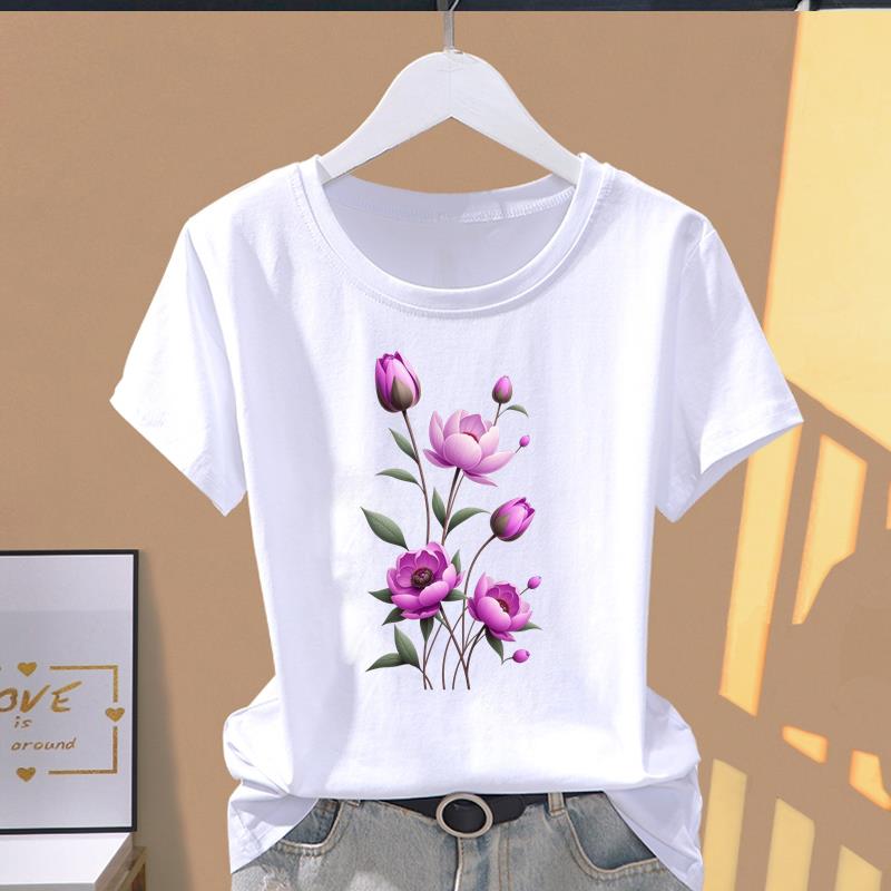 (Asian Size) lovely flower trend cute Casual T Short Sleeve T-shirts Women's Top Print O-neck Fashion Female Clothing Graphic Tee