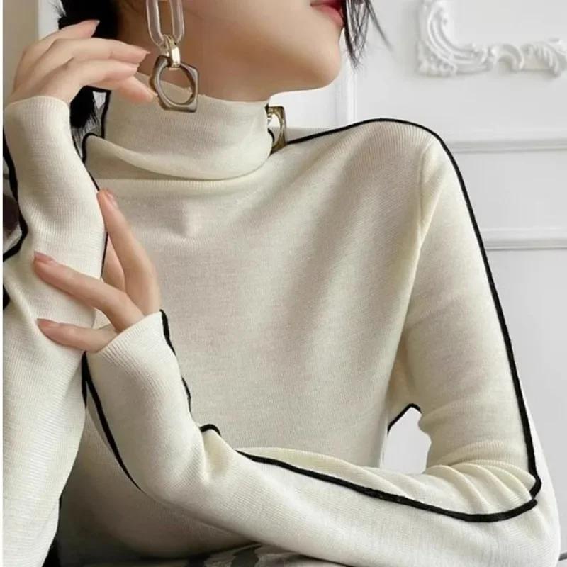 Fashion Turtleneck Pullovers Women Autumn and Winter Slim Fit Long Sleeved Top Elegant Office Lady Sweaters Black White