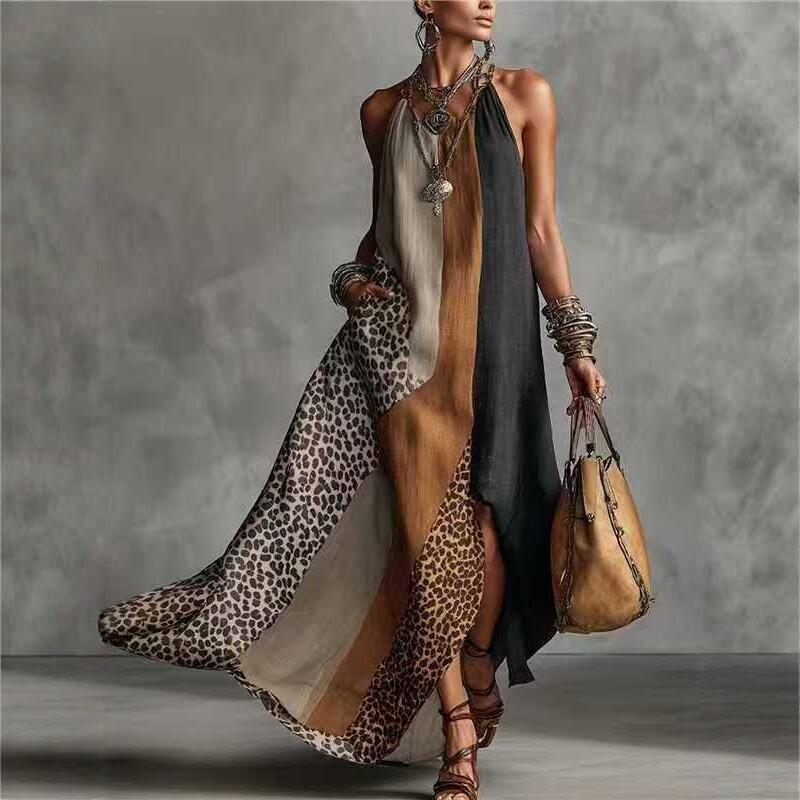 Summer European and American Style Leopard Print Splicing Long Dress Sleeveless Split Dress Vacation Beach Dress Loose and Thin