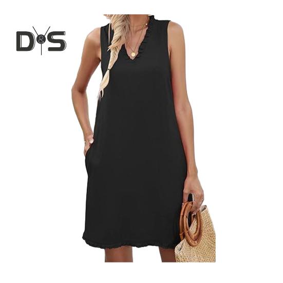 Women Summer Dress with Pockets Shirring V Neck Sleeveless Solid Color A-line Ripped Hem Midi Dress Daily Beach Dress