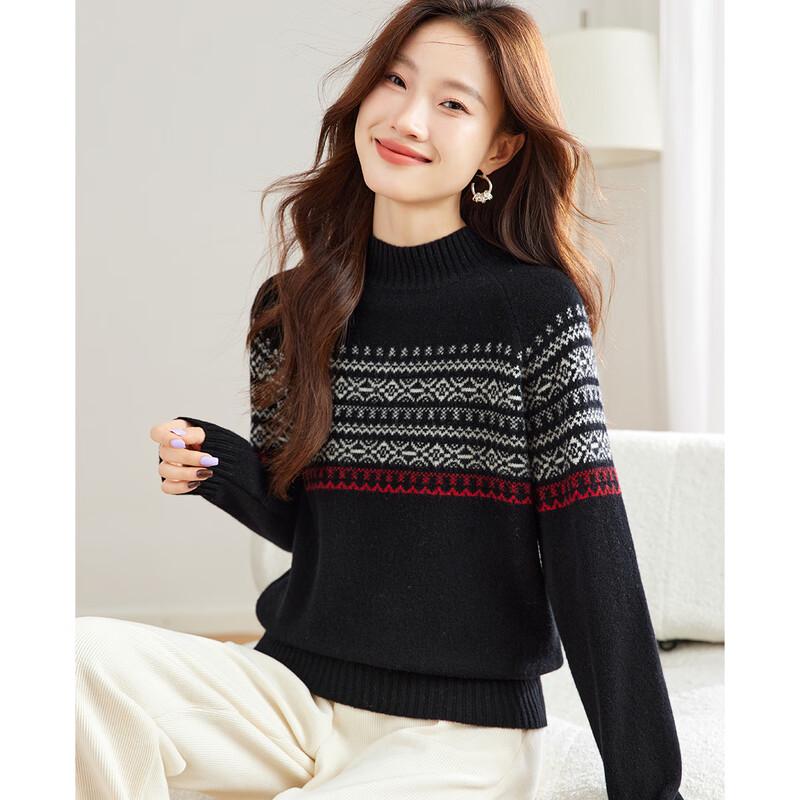 Srcr Women's 100% Merino Wool Jacquard Semi-High Collar Sweater