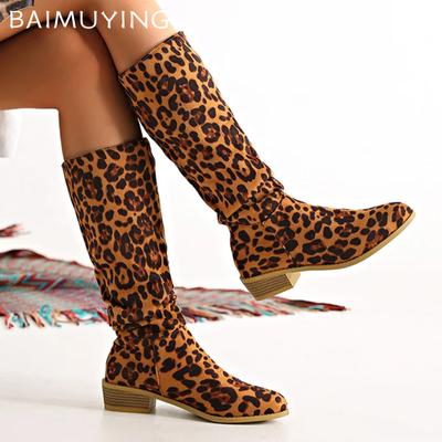Leopard Women High Boots Sexy Chunky Pointed Toe Knee High Shoes Woman 2024 Trend Winter New Gladiaotor Motorcycle Botas Mujer