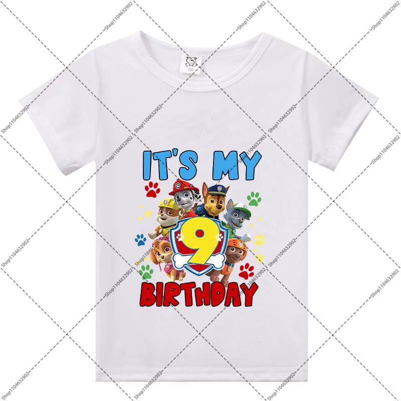 Paw Patrol Children Birthday T-shirts Cartoon Anime Numbers 1-9 Printed Tops Boys Girls Summer Clothes Kids Party T-shirt