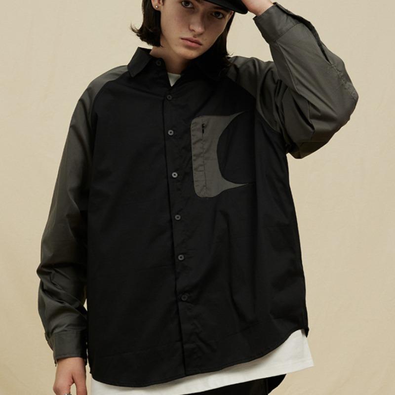 

Весна и осень, новая мужская универсальная рубашка свободного покроя с цветными блоками и рукавами реглан и лацканами M чёрный