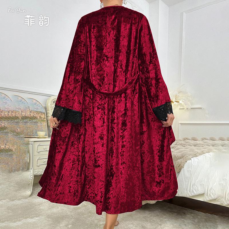 Extended bathrobe sexy lace light luxury long-sleeved velvet nightgown bathrobe
