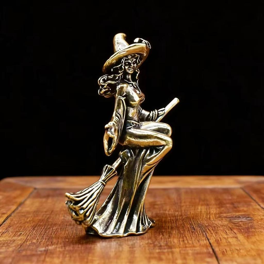 Brass Metal Statue Witch Figurine Sitting On Broomstick Decorative Sculpture Handcrafted Home Accent Collectible Ornament