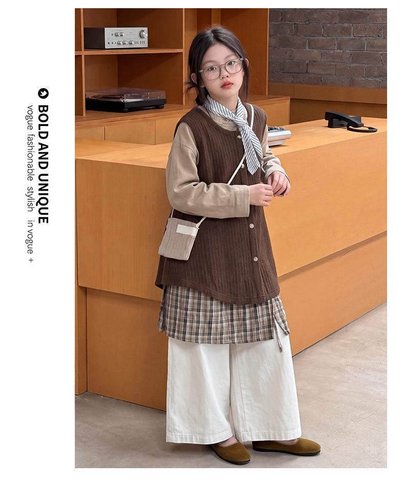 Girls' Korean Style Autumn Set: Vest with Plaid Ruffle, Wide-Leg Pants, Three-Piece 2026