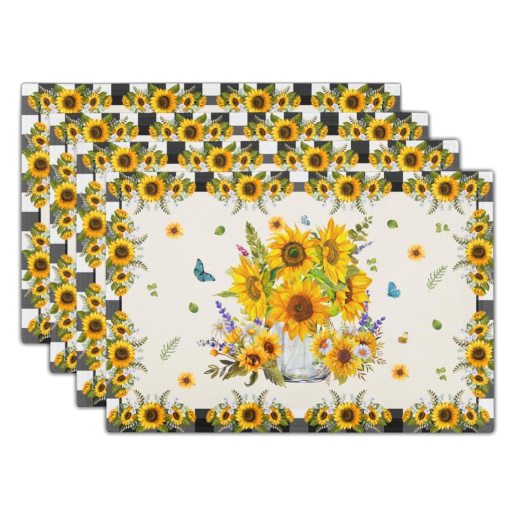 Sunflower Placemats Set of 4 18x12 Inch Summer Fruit Black and White Buffalo Plaid Linen Place Mats Wipeable Yellow Floral Table Mat