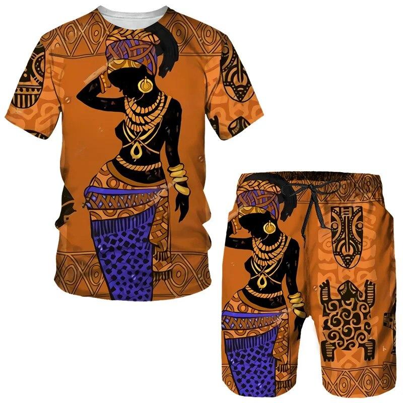 African Girl Graphic Seturi de tricouri pentru bărbați Tricou cu imprimeu 3D în stil etnic Pantaloni scurți Set din două piese Pulover supradimensionat Trening
