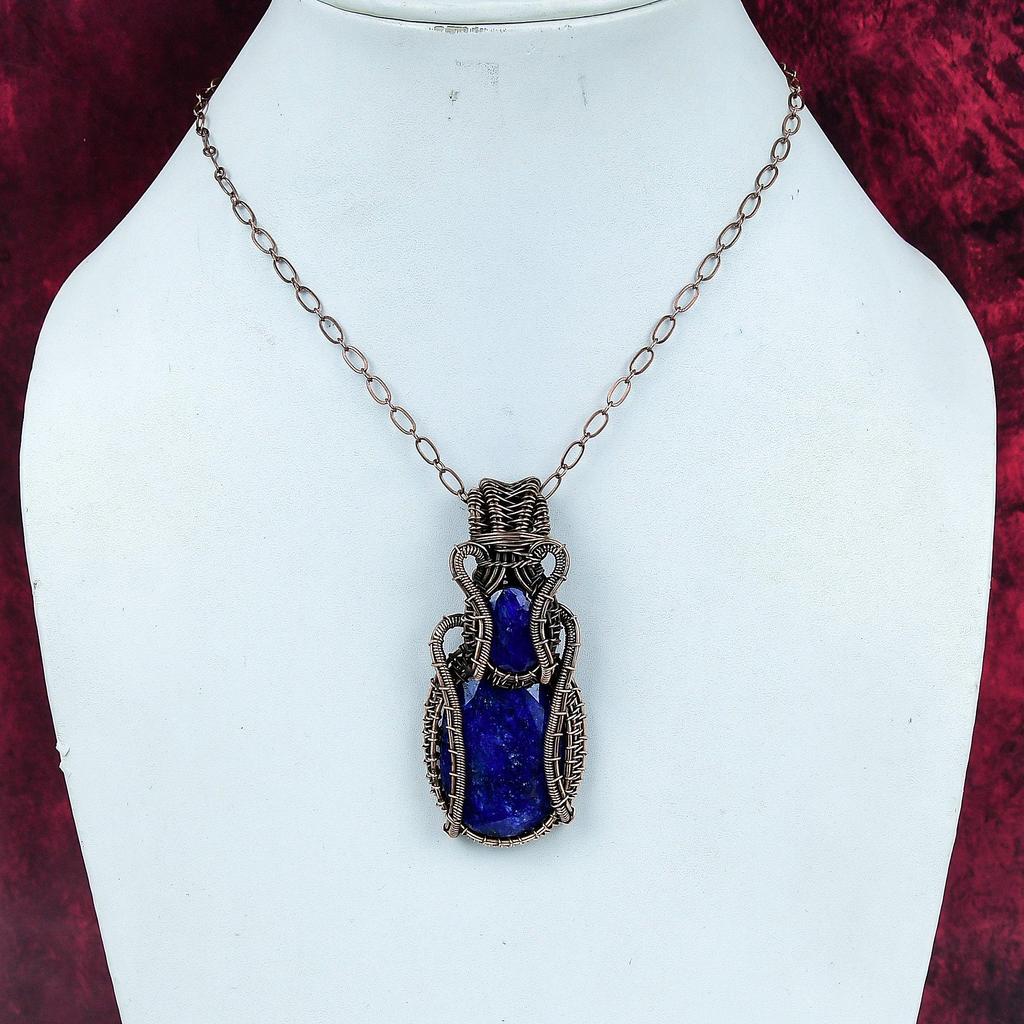 Facettierter blauer Saphir Anhänger Kupferdraht gewickelter Anhänger Echter Edelstein Schmuck