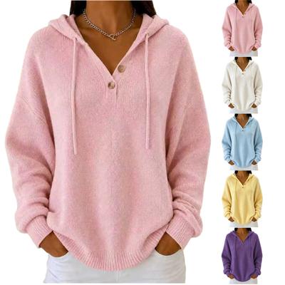 Damen Lockerer Strickpullover mit Kapuze und zwei Knöpfen, Farbe Langarm Pullover für Herbst Winter
