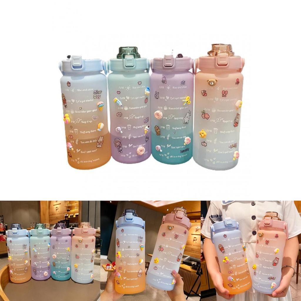 2000ml Large Capacity Drinking Bottle Sports Mug With Straw And Stickers For Outdoor Use