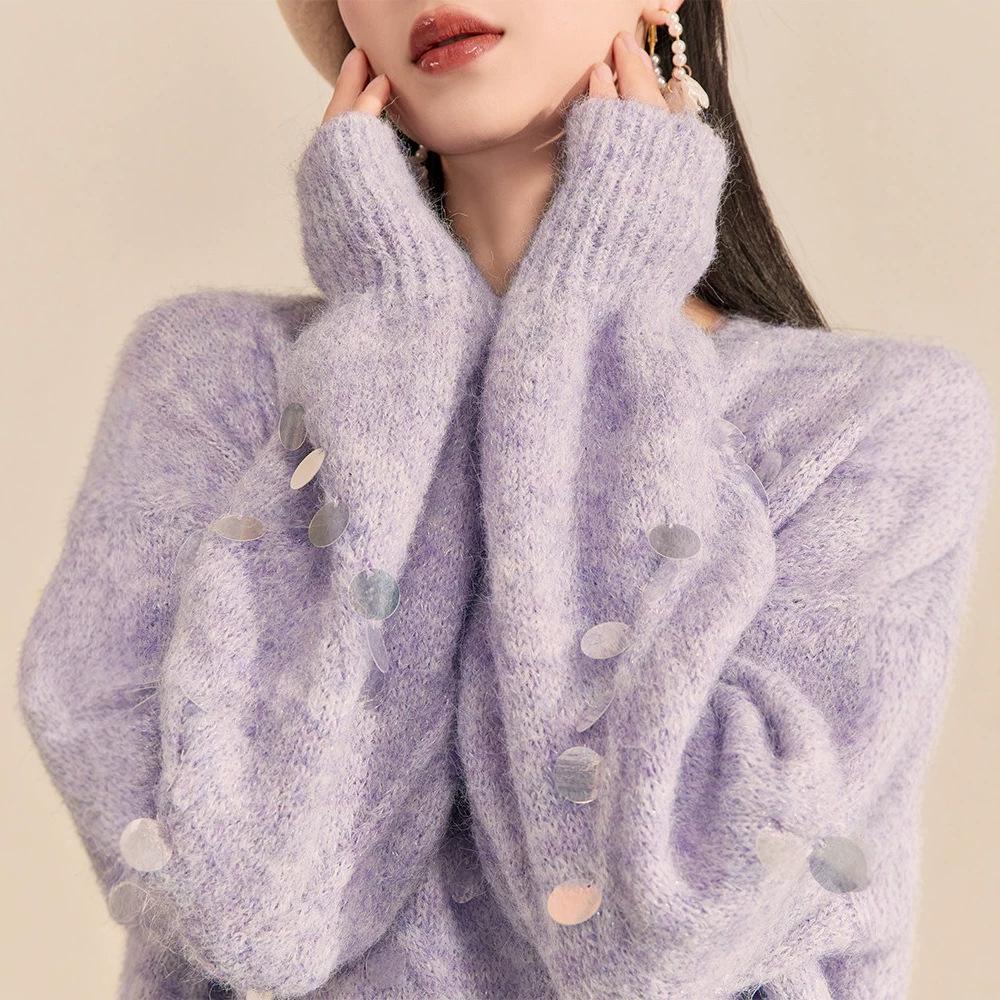 Elegant Purple Sequin Round Neck Sweater - Soft, High-Grade Pullover with Niche Design and Lazy Style.
