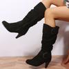 Fashion Women's Shoes Side Zip Plus Size Women's Boots Autumn Western Retro Pleated Mid-Calf Boots Women Solid Shoes Ladies