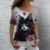 Sexy Scollo Obliquo Gatto Carino Stampa 3D Versatile T-shirt da Donna Vintage Harajuku Manica Corta Estiva Casual Abbigliamento Femminile
