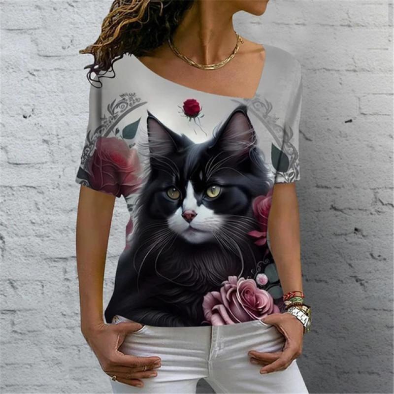 Sexy Scollo Obliquo Gatto Carino Stampa 3D Versatile T-shirt da Donna Vintage Harajuku Manica Corta Estiva Casual Abbigliamento Femminile