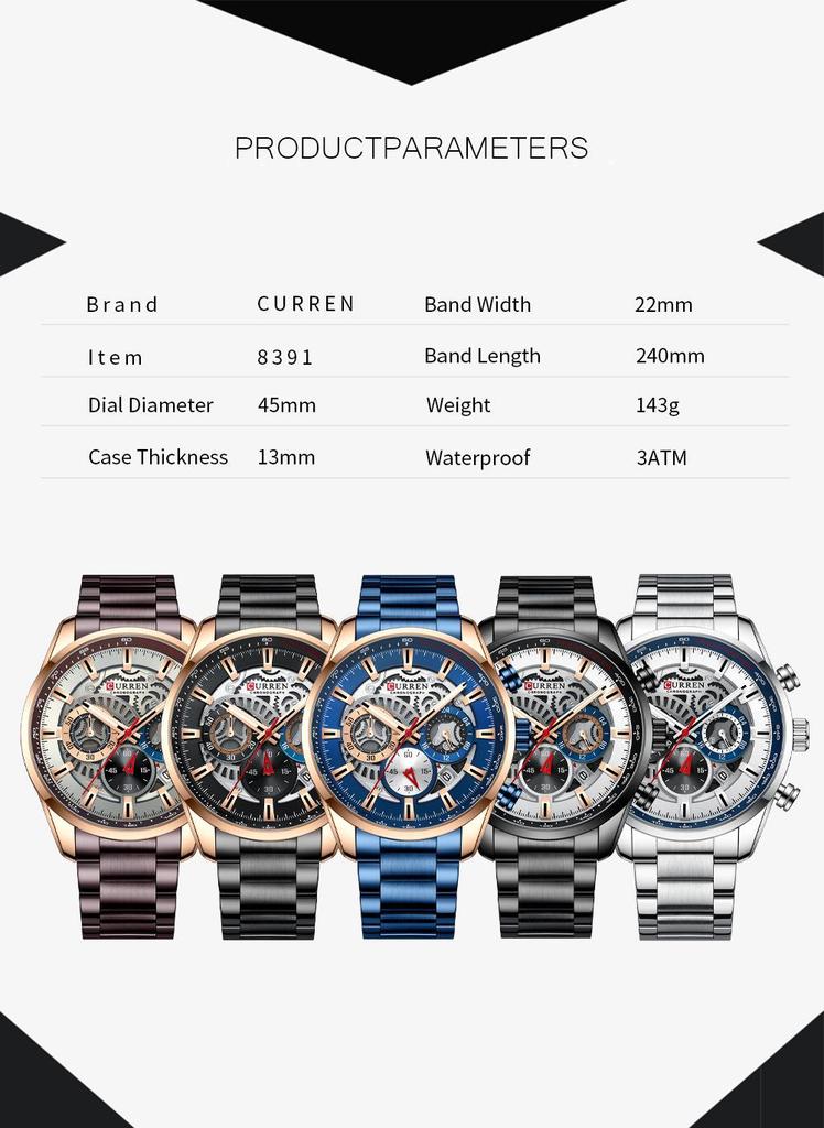 Curren 8391 Men's Sports Casual Quartz Watch with Steel Band and Calendar