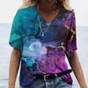 Summer V-neck 3D Marble Pattern Printed Top Fashionable Casual Short Sleeved Women's T-shirts