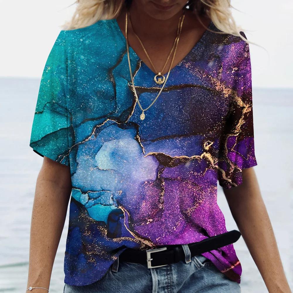 Summer V-neck 3D Marble Pattern Printed Top Fashionable Casual Short Sleeved Women's T-shirts