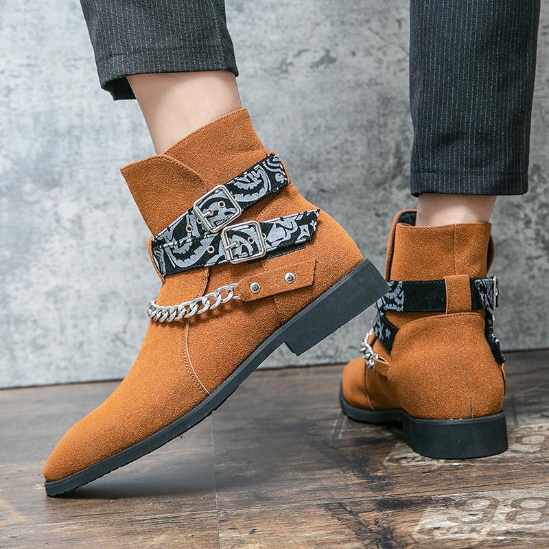 Stivaletti Chelsea da Uomo High Street Taglia Grande con Elastico Laterale, Punta Affilata e Dettaglio Catena alla Caviglia in Pelle Casual, Taglia 48.