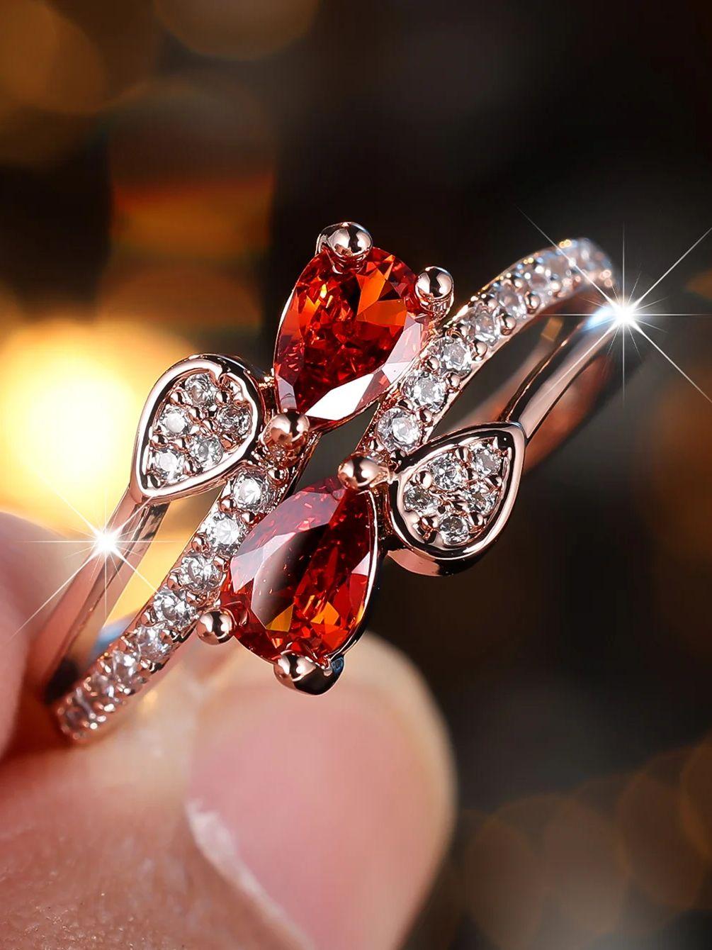 

Cute Female Rose Red Zircon Stone Ring Gold Color Engagement Charm Wedding For Women 10