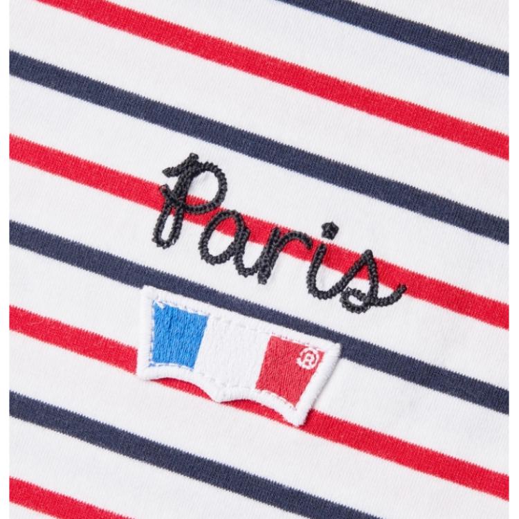 Levis SS24 Paris Limited Edition Capsule Collection Letter Embroidered Crew Neck Comfortable Short Sleeve T-Shirt Men Tops Blue Striped 0023Y-0000