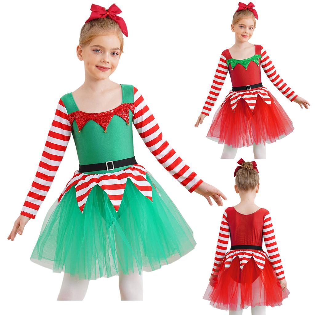 Girls Christmas Elf Costume Santa Little Helper Dress Striped Tutu Bodysuit Holiday Party Suit