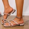 Fashion Bowtie Shiny Crystal Decor Flat Sandals for Women Plus Size Patent Leather Square Toe Slippers Summer Light Comfort Casual Shoes