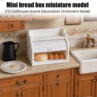 Miniature Cabinet with Breads, Tiny Rolling Shutter Cabinet, Realistic Mini Breads, Pretend Play Toys Furniture for 1/12 Scale Doll Mansion