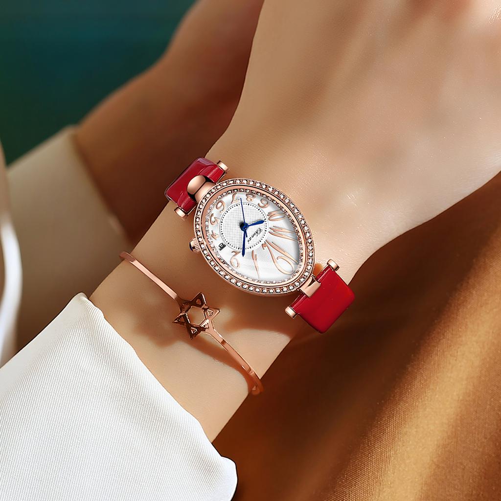 Luxury Watch For Women Diamond Waterproof Quartz Ladies Watches Fashion Elegant Oval Calendar Wristwatche Leather Strap