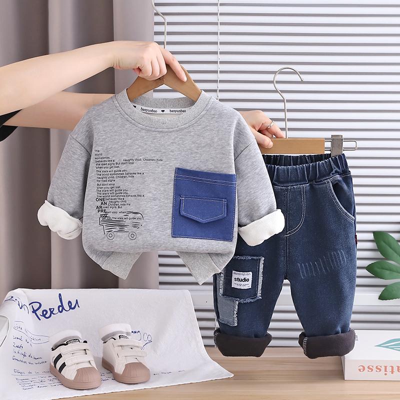 Boys' Long Sleeved Two-piece Set, 0-5-year-old Children's Printed Fleece Hoodie+casual Denim Pants Set