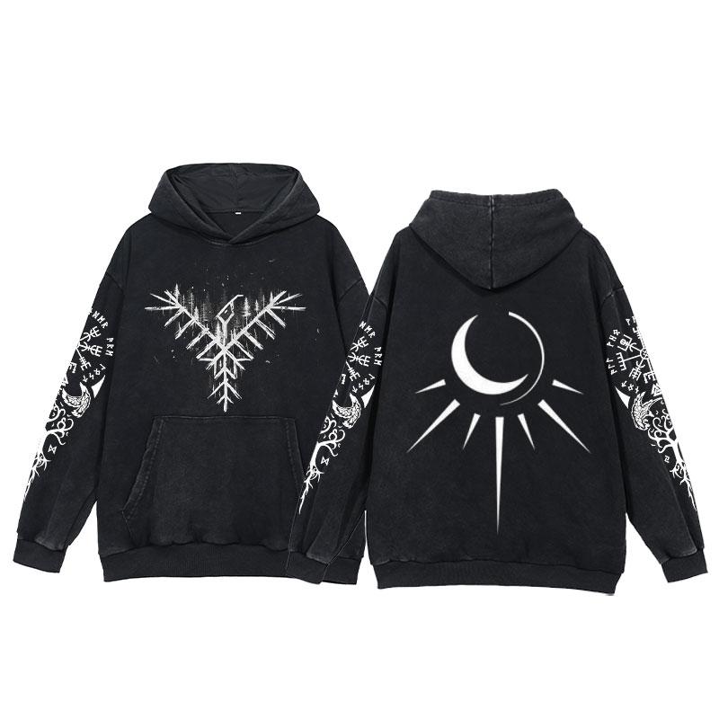 2024 Vikingové Mikiny Pánské Potisk Tetování Kyselý Wash Mikina Bavlna Volný Dlouhý Rukáv Pulovr Vintage Nadměrná Ležérní Mikina s Kapucí