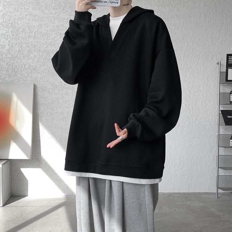 Men's Trendy Oversized V-Neck Hooded Sweatshirt - Comfortable, Versatile, Hong Kong Style, Plus Size