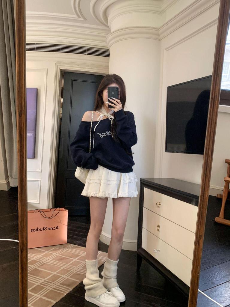 American Spicy Girl Rhinestone One-Shoulder Sweatshirt, 330g Cotton Blend + 420g Silver Fox Fleece