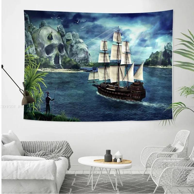 

Гобелен с пиратским кораблем, художественный принт, настенный подвесной морской узор, домашний декор 230x180cm