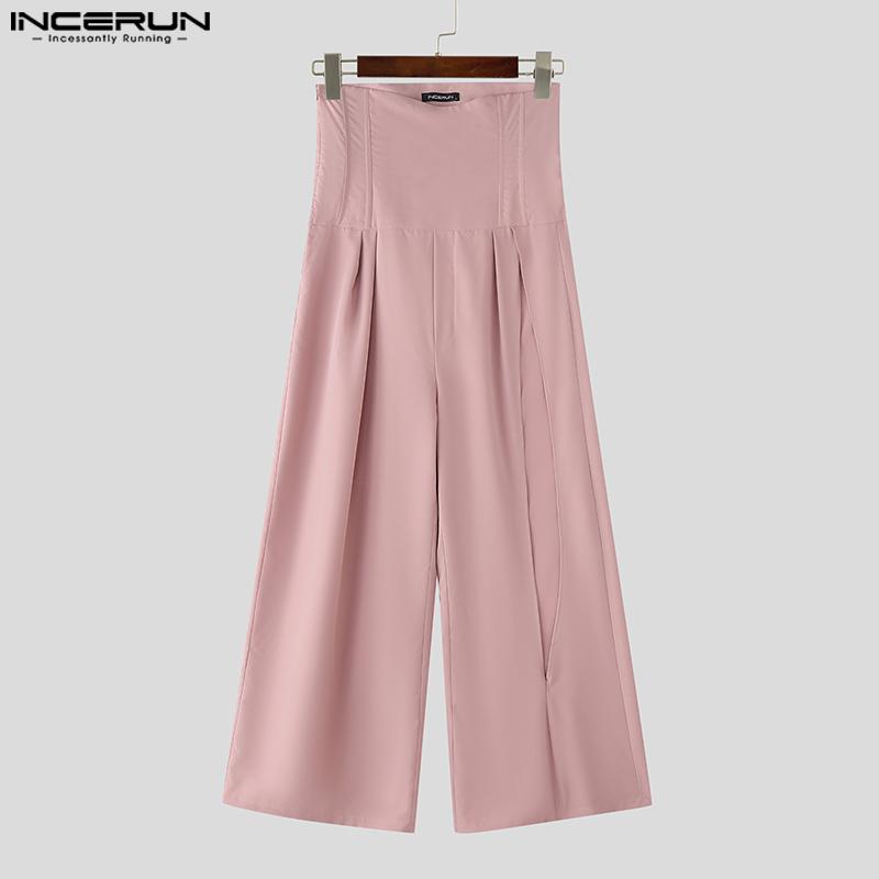 INCERUN Men High Slim Waist Zipper Casual Long Splits Wide Legs Pants Trousers