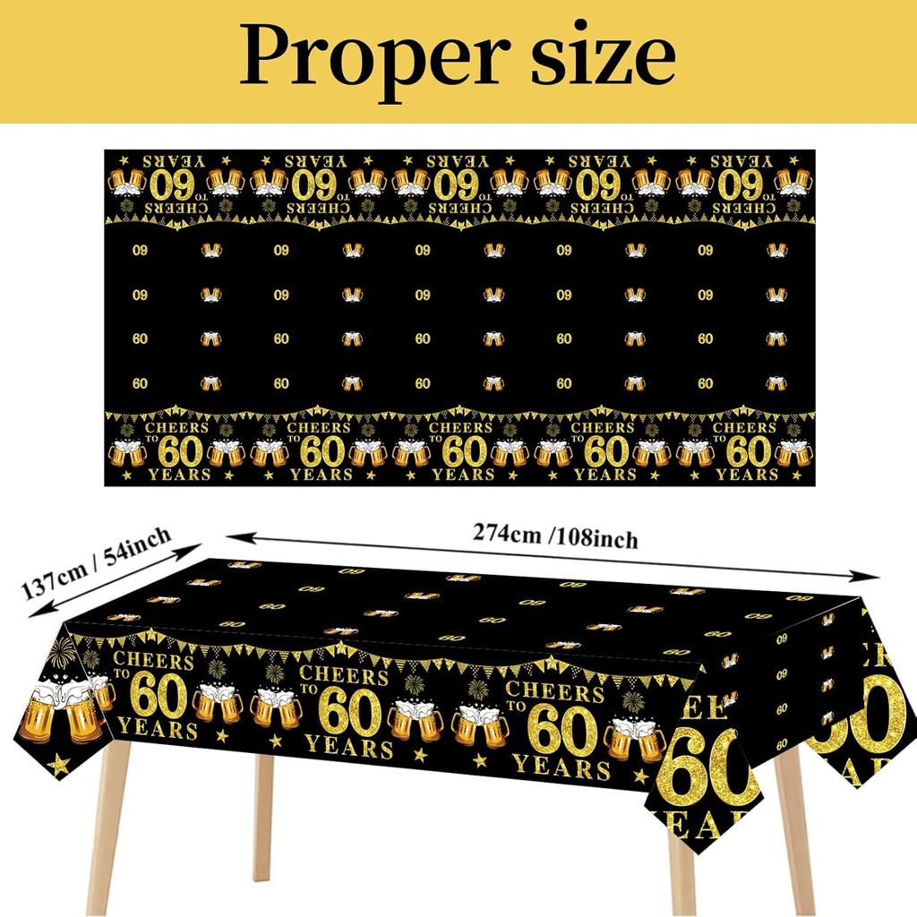 3 Packs Black Gold 60th Birthday Tablecloth Decorations for Men Women, Cheers to 60 Years Table Cover Party Supplies, Sixty Years Old Birthday