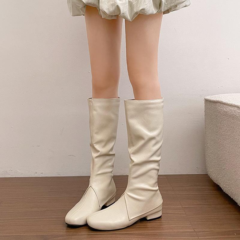 Korean version of versatile flat bottom round head high boots women's knee single boots Maillard white thin long knight boots
