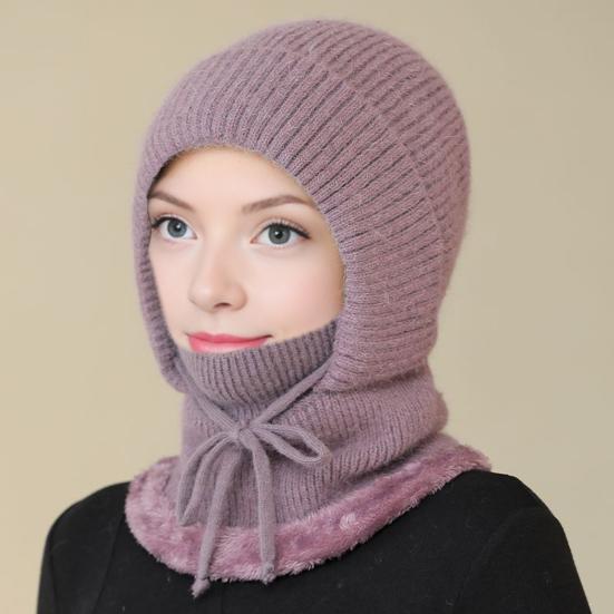 Gestrickte Wollmütze mit Schnürung zur Anpassung, Samtfutter, Gesichts- und Nackenschutz, Reitkopfbedeckung, Winterwärmemütze