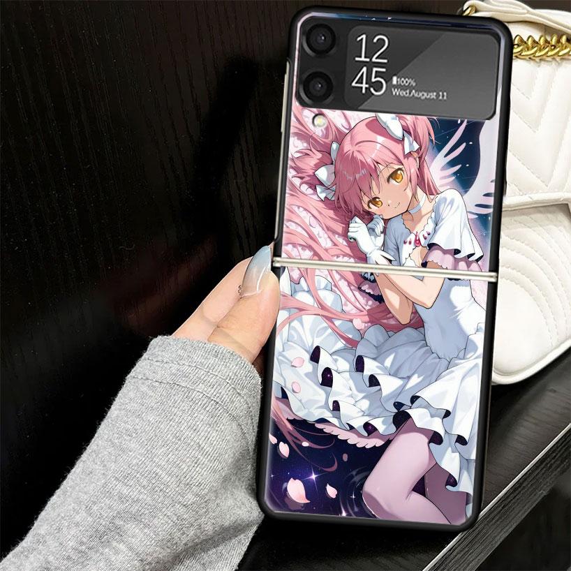 Madoka Magica Anime Case for Samsung Galaxy Z Flip7 Flip6 Flip5 Flip4 Flip3 5G Hard Phone Shell Z Flip 7 6 5 4 3 Black Cover